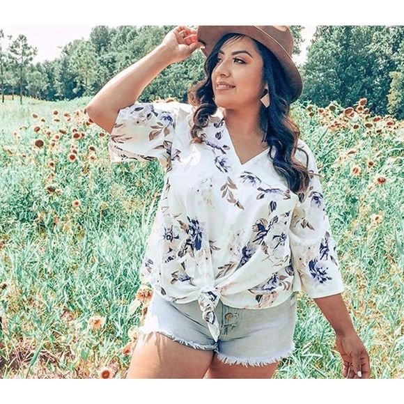 Amazon Essentials Tops - Women's NWOT Casual Floral Blouse Batwing Sleeve Loose Fitting Shirts Boho Knot